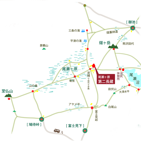 尾瀬ヶ原 第二長蔵小屋 近辺マップ、大きな尾瀬マップへリンク